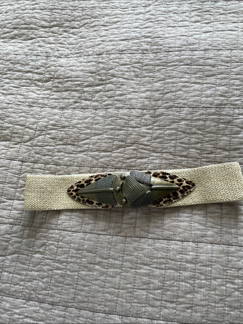 Cream Stretch Waist Belt with Leopard Accent and Antique Brass Clasp